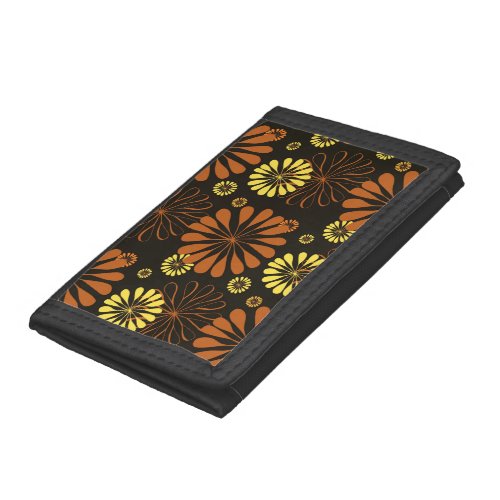 Yellow and Copper Retro Floral Print on Dark Brown Trifold Wallet
