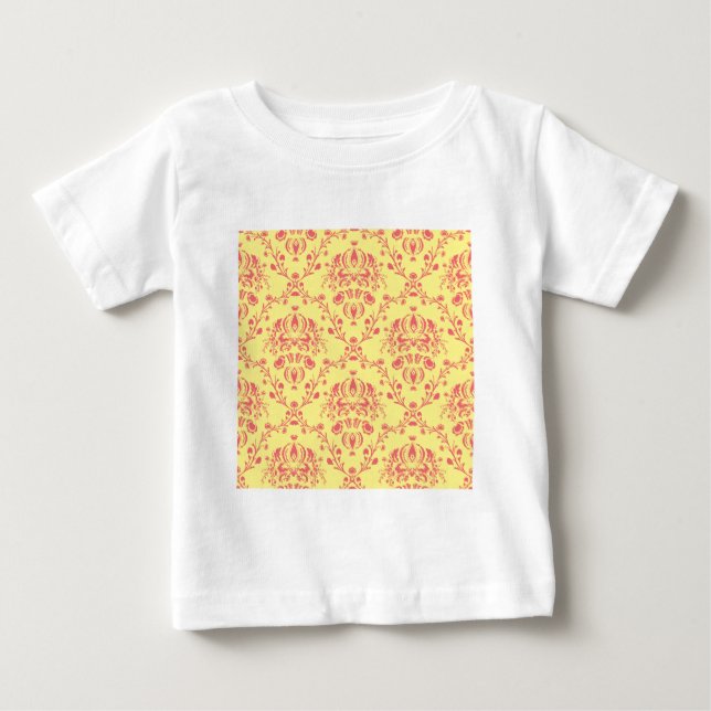 Yellow and Cranberry Pink Damask Baby T-Shirt (Front)