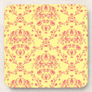 Yellow and Cranberry Pink Damask Beverage Coaster
