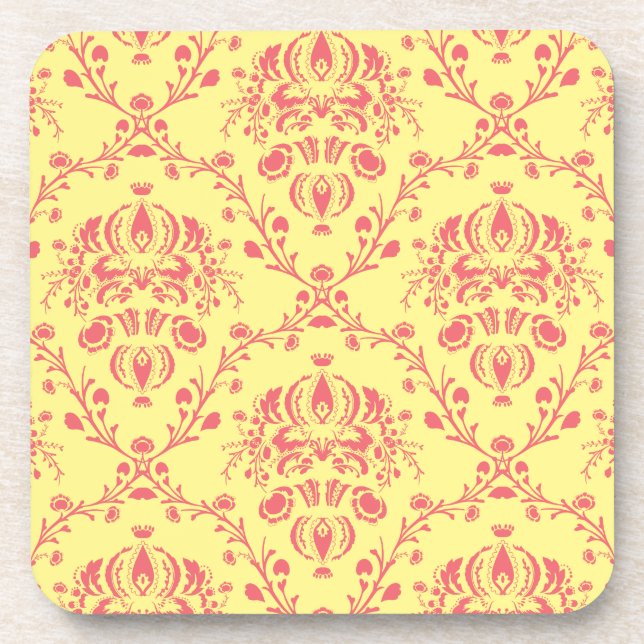 Yellow and Cranberry Pink Damask Beverage Coaster (Front)