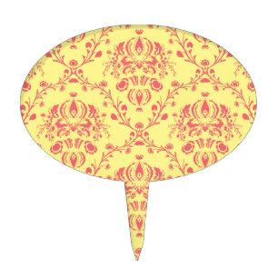 Yellow and Cranberry Pink Damask Cake Topper