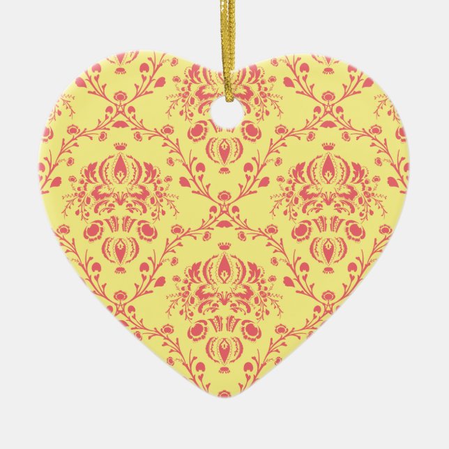 Yellow and Cranberry Pink Damask Ceramic Ornament (Front)