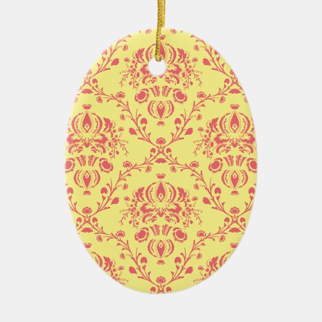 Yellow and Cranberry Pink Damask Ceramic Ornament (Front)