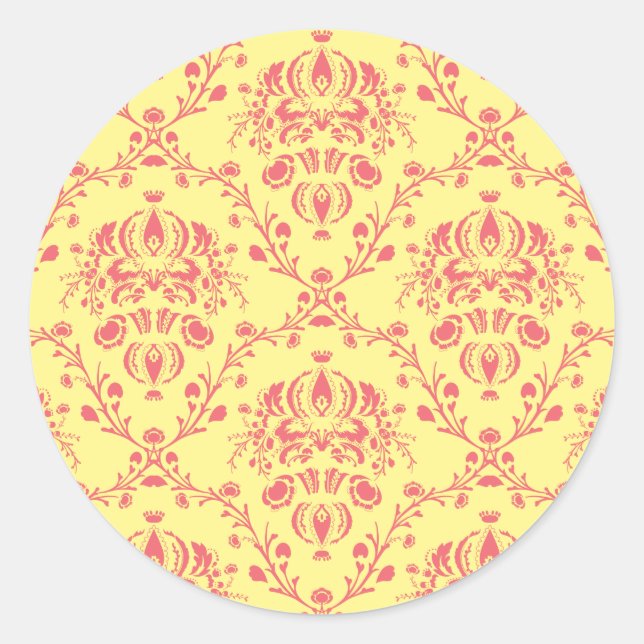 Yellow and Cranberry Pink Damask Classic Round Sticker (Front)