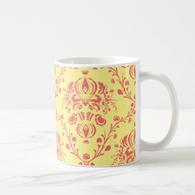 Yellow and Cranberry Pink Damask Coffee Mug (Right)