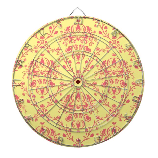 Yellow and Cranberry Pink Damask Dart Board (Front)
