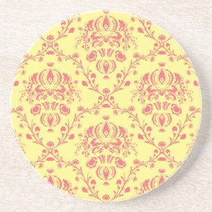 Yellow and Cranberry Pink Damask Drink Coaster