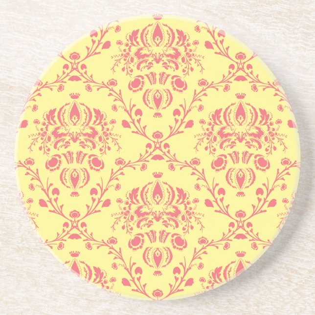 Yellow and Cranberry Pink Damask Drink Coaster (Front)