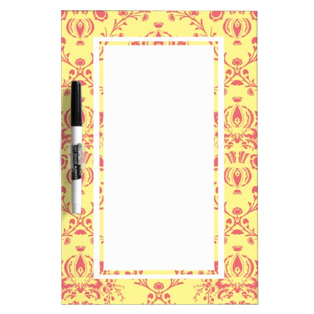 Yellow and Cranberry Pink Damask Dry Erase Board (Front)