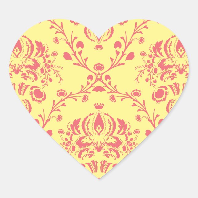 Yellow and Cranberry Pink Damask Heart Sticker (Front)