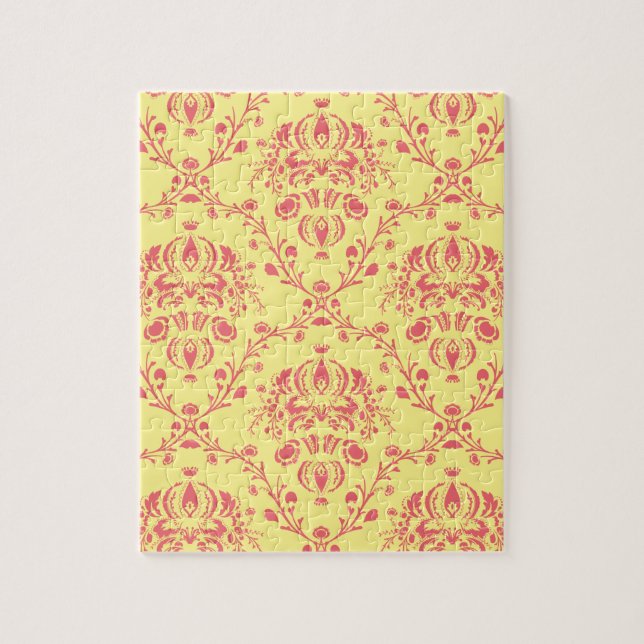 Yellow and Cranberry Pink Damask Jigsaw Puzzle (Vertical)
