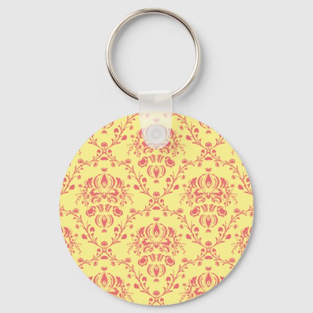 Yellow and Cranberry Pink Damask Keychain (Front)