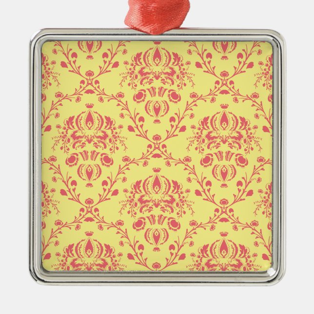 Yellow and Cranberry Pink Damask Metal Ornament (Front)