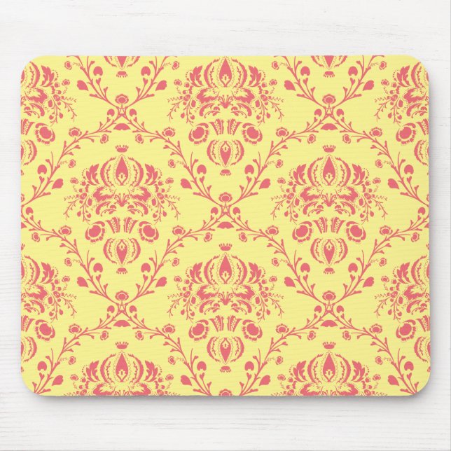Yellow and Cranberry Pink Damask Mouse Pad (Front)
