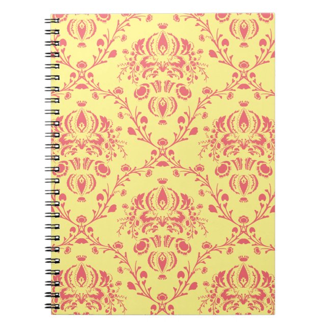 Yellow and Cranberry Pink Damask Notebook (Front)