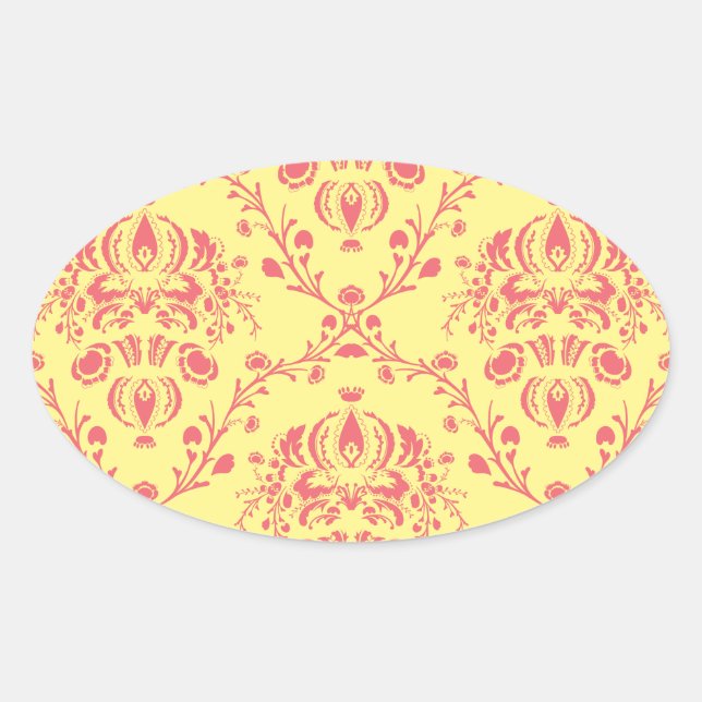 Yellow and Cranberry Pink Damask Oval Sticker (Front)