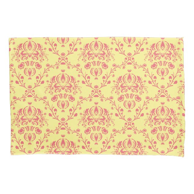 Yellow and Cranberry Pink Damask Pillow Case (Front-Left)