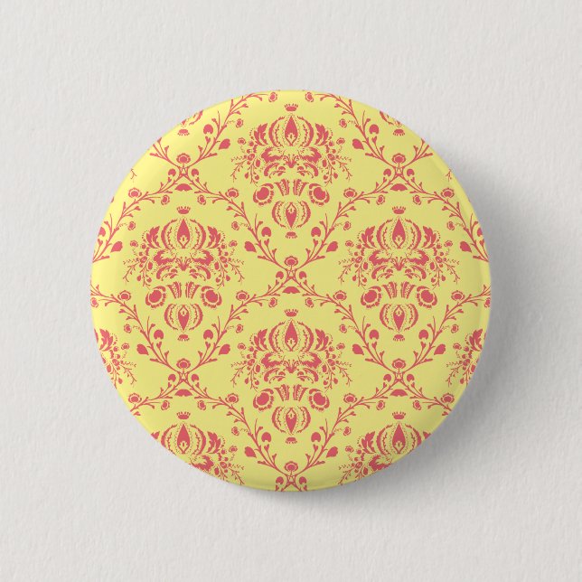 Yellow and Cranberry Pink Damask Pinback Button (Front)