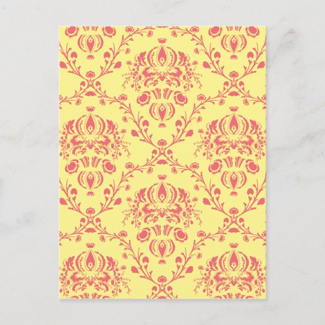 Yellow and Cranberry Pink Damask Postcard (Front)