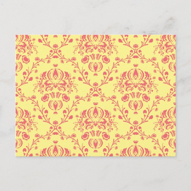 Yellow and Cranberry Pink Damask Postcard (Front)