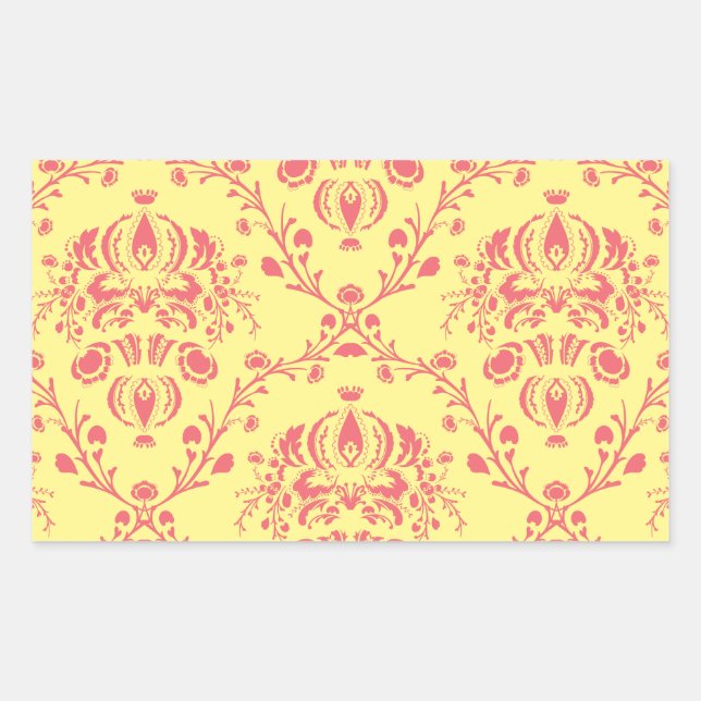 Yellow and Cranberry Pink Damask Rectangular Sticker (Front)