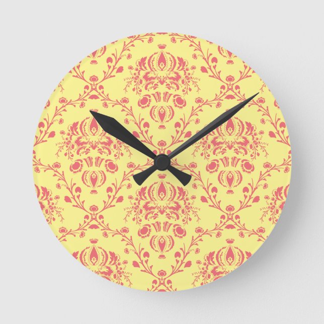 Yellow and Cranberry Pink Damask Round Clock (Front)