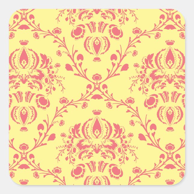 Yellow and Cranberry Pink Damask Square Sticker (Front)
