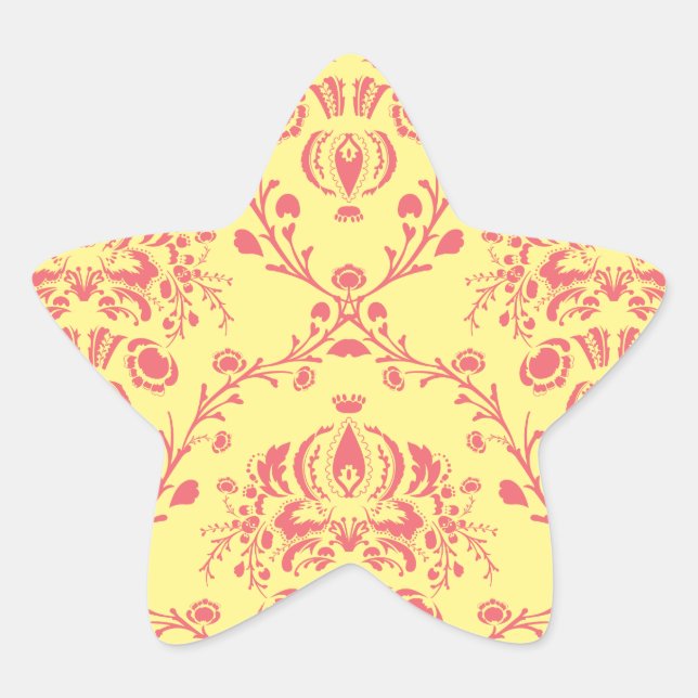 Yellow and Cranberry Pink Damask Star Sticker (Front)