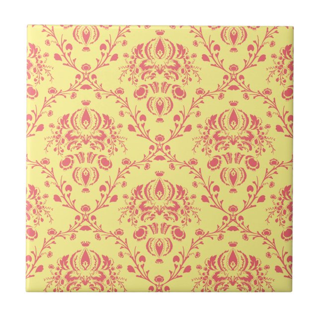 Yellow and Cranberry Pink Damask Tile (Front)