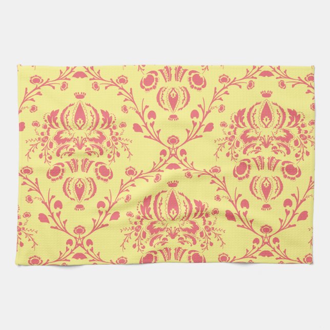 Yellow and Cranberry Pink Damask Towel (Horizontal)