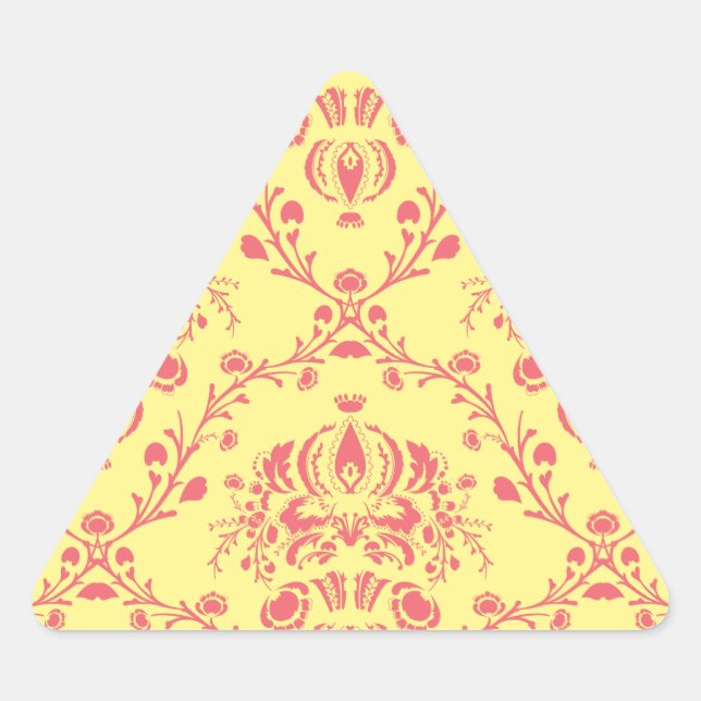 Yellow and Cranberry Pink Damask Triangle Sticker (Front)