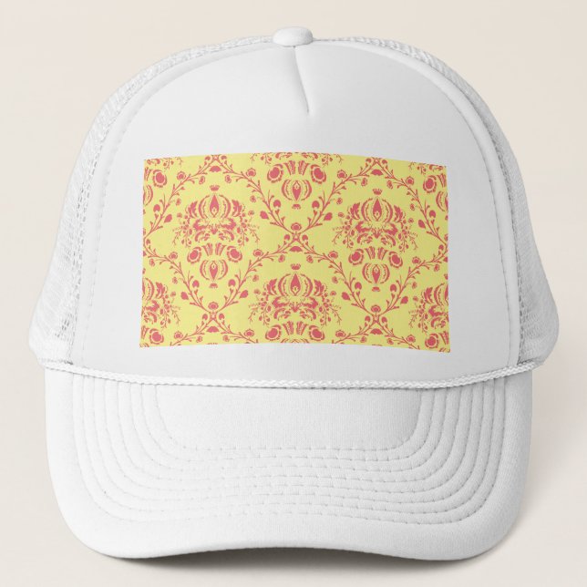 Yellow and Cranberry Pink Damask Trucker Hat (Front)