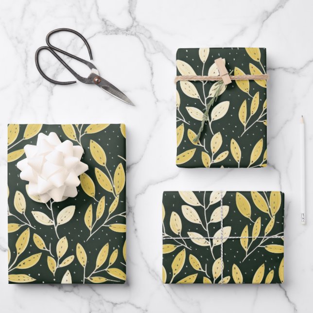 Yellow and Cream Leafy Branches Pattern  Wrapping Paper Sheets (Front)