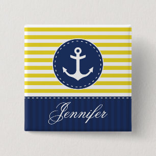 Yellow and Dark Blue Stripes Anchor With Name Pinback Button