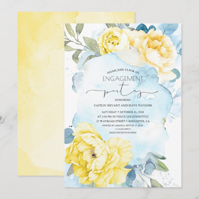 Yellow and Dusty Blue Floral Engagement Party Invitation (Front/Back)