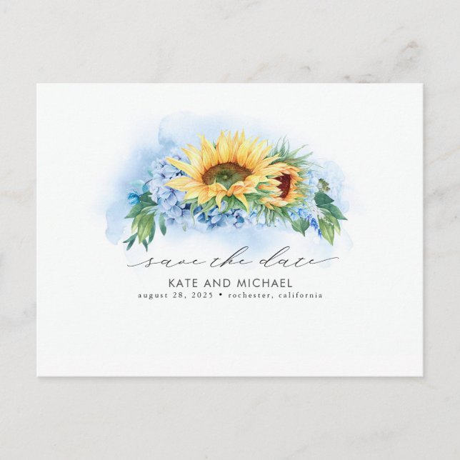 Yellow and Dusty Blue Floral Save the Date Photo Announcement Postcard (Front)