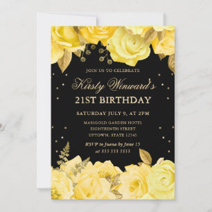 Yellow and Gold Roses Floral 21st Birthday Invitation