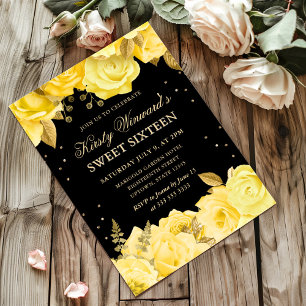 Yellow and Gold Roses Floral Sweet 16 Invitation