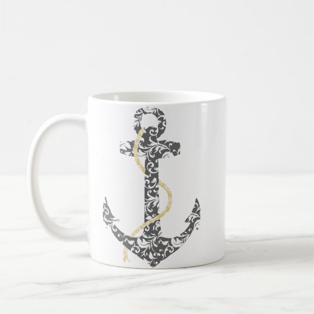 Yellow and Gray Anchor Beach Wedding Coffee Mug (Left)