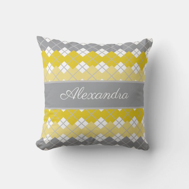 Yellow and Gray Argyle Pattern  Custom Name Throw Pillow (Front)