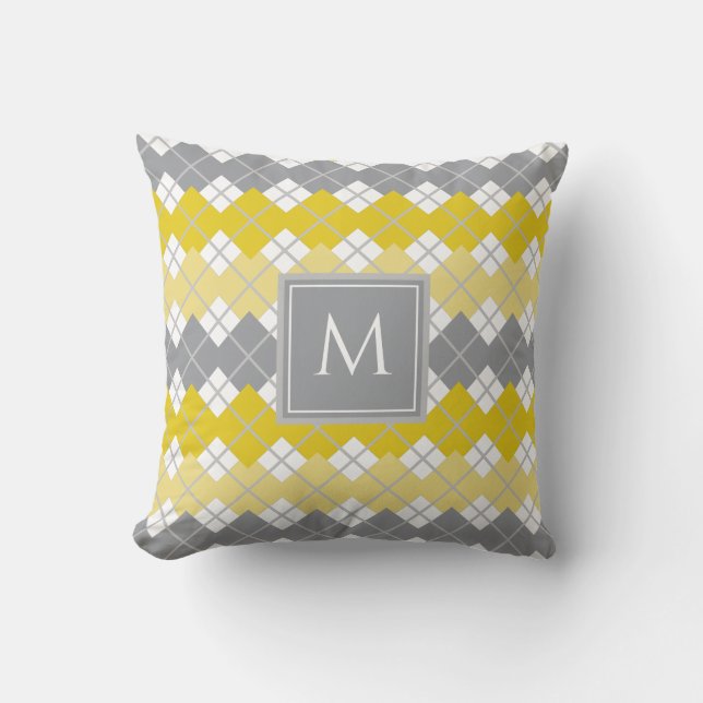 Yellow and Gray Argyle Pattern Monogram Throw Pillow (Front)