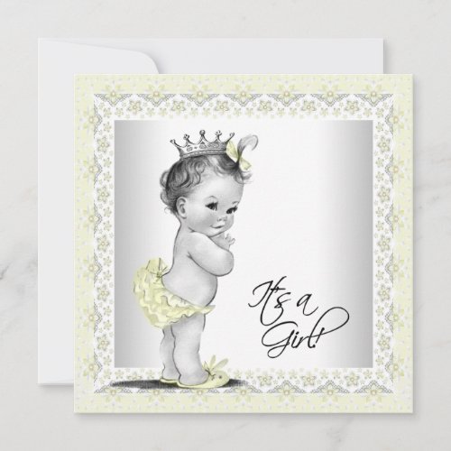Yellow and Gray Vintage Baby Girl Shower Custom Invitations