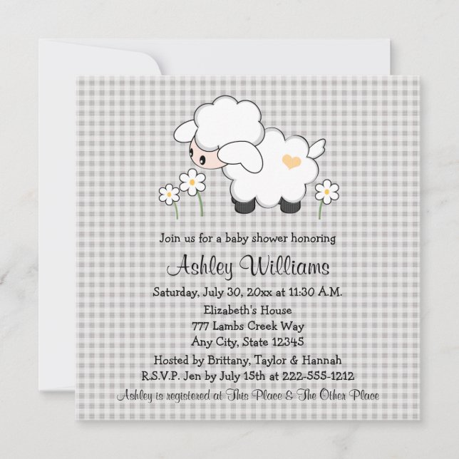Yellow and Gray Baby Lamb Baby Shower Invitation (Front)