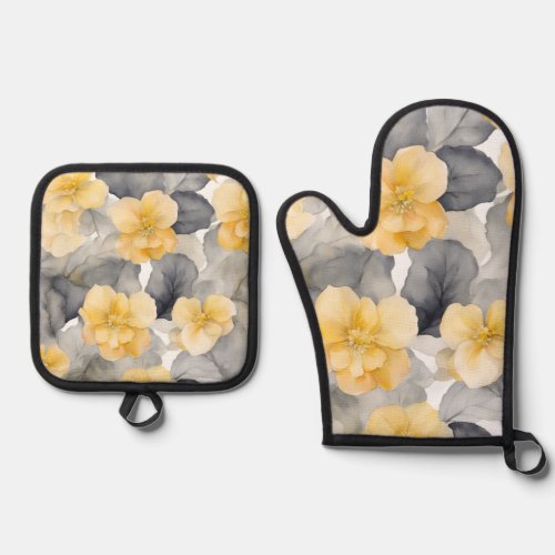 Yellow And Gray Begonia Flowers  Oven Mitt  Pot Holder Set