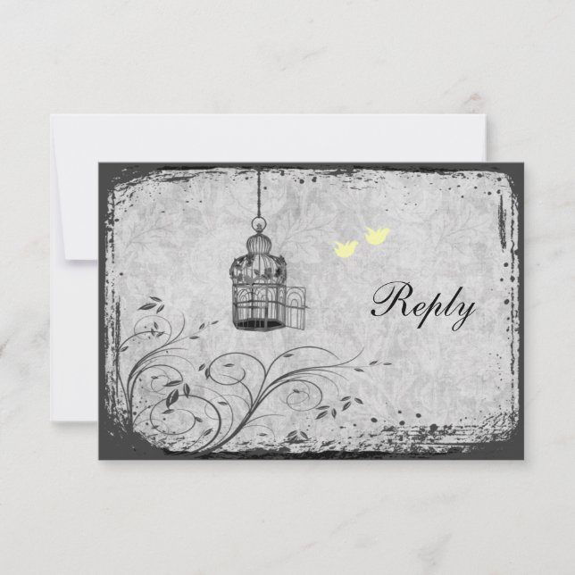 Yellow and Gray Birdcage Lovebirds Reply Card (Front)