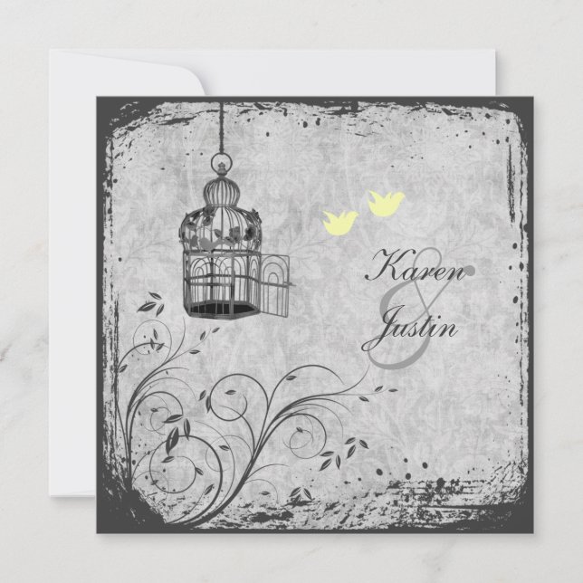 Yellow and Gray Birdcage Lovebirds Wedding Invite (Front)