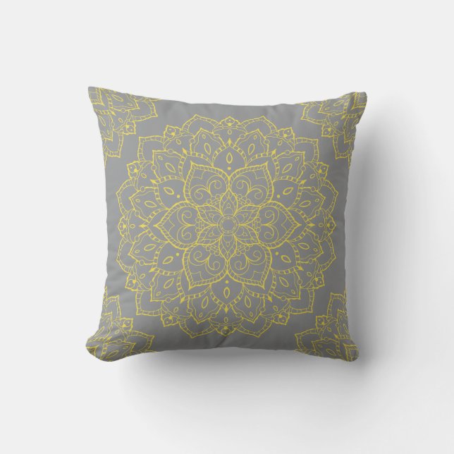 Yellow and Gray Boho Mandala Pillow (Front)