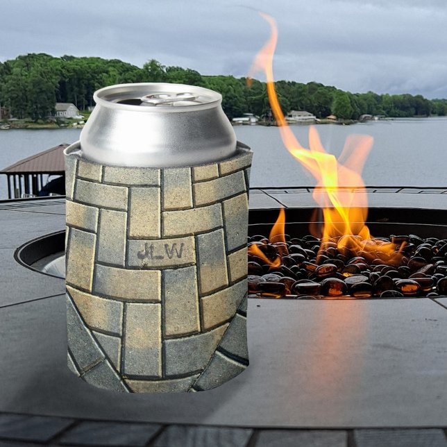 Yellow and Gray Brick Pattern with Initials Can Cooler (Creator Uploaded)