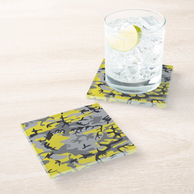 Yellow and Gray Camouflage, Military, Army Glass Coaster (Angled)
