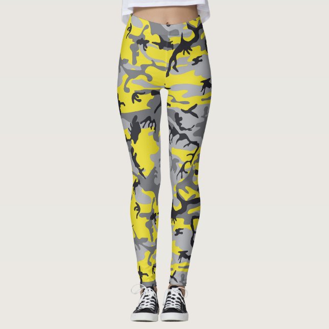 Yellow and Gray Camouflage, Military, Army Leggings (Front)